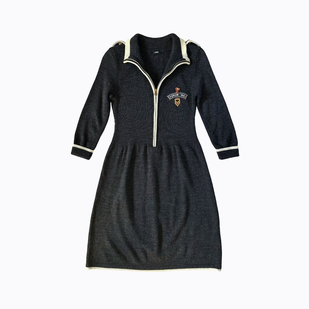 Vintage Knit Charcoal Sweater Dress XS Forum 1981 Military Patch Pins 3/4 Sleeve